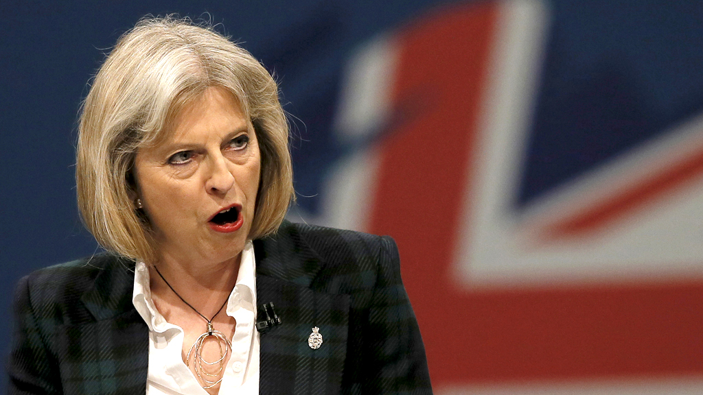 Britain's Home Secretary Theresa May delivers her keynote address on the second day of the Conservative party annual conference in Manchester